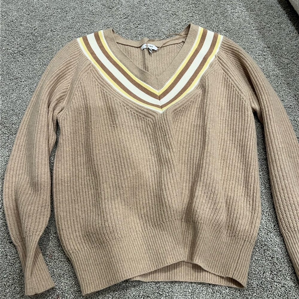 V-Neck Tan Sweater with Striped Detail